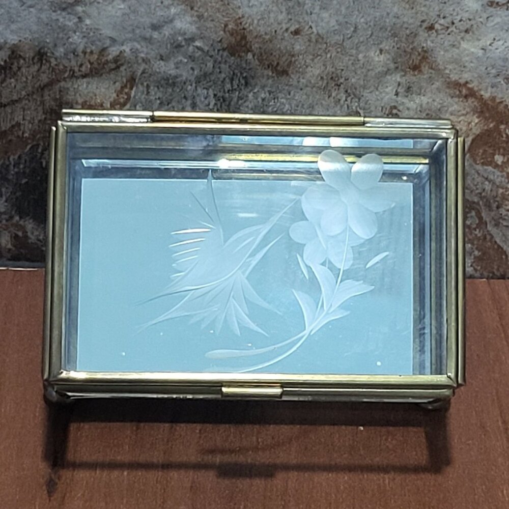 Vintage Trinket Box Hinged Lid Etched Bird Flower Glass Brass Trim Footed Jewelr